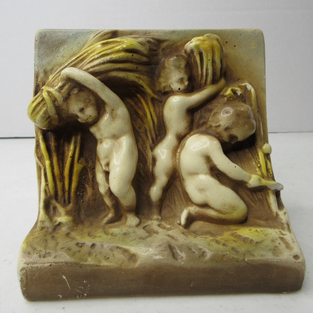 Vtg Ceramic Bookend Putti Cherubs Wheat Harvest Farm Scene Decorative Art SINGLE